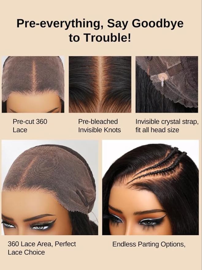 KLAIYI Water Wave Pre Cut 360 Full Lace Frontal Glueless Wig Human Hair Drawstring Pre Plucked Bleached Bye Bye Knots Pre Everything Ready to Wear And Go Curly Beginner Wig with Baby Hair 180% 24Inch
