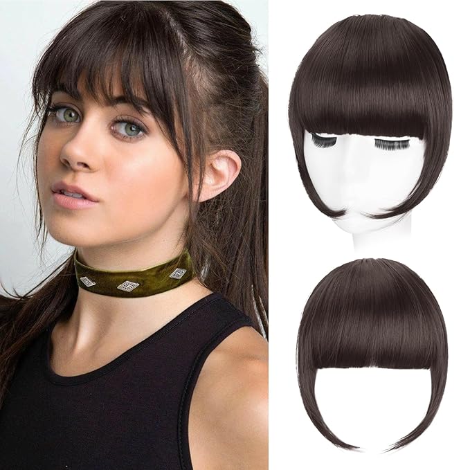 Clip in Bangs, Synthetic French Bangs Hair Clip, Medium Brown Fake Bangs Fringe with Temples Hairpieces for Women Natural Curved Hair Extensions for Daily Wear
