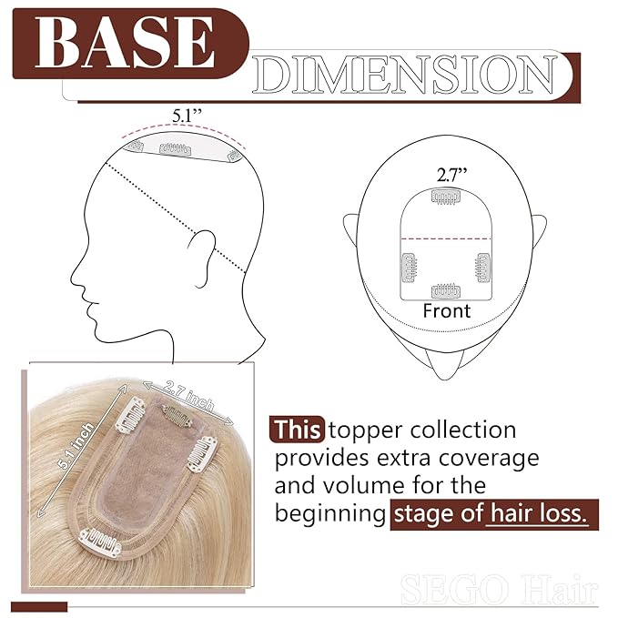 SEGO Real Human Hair Topper for Women without Bangs, Hair Topper with Anti-Slip Clips (18 Inches Ash Blonde Mix Bleach Blonde)
