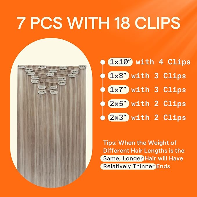 Full Shine Clip in Highlight Human Hair Ash Blonde Real Hair Clip in Extensions Blonde Remy Brazilian Seamless Hair Extensions Double Weft 7 Pcs 24 Inch 120 G
