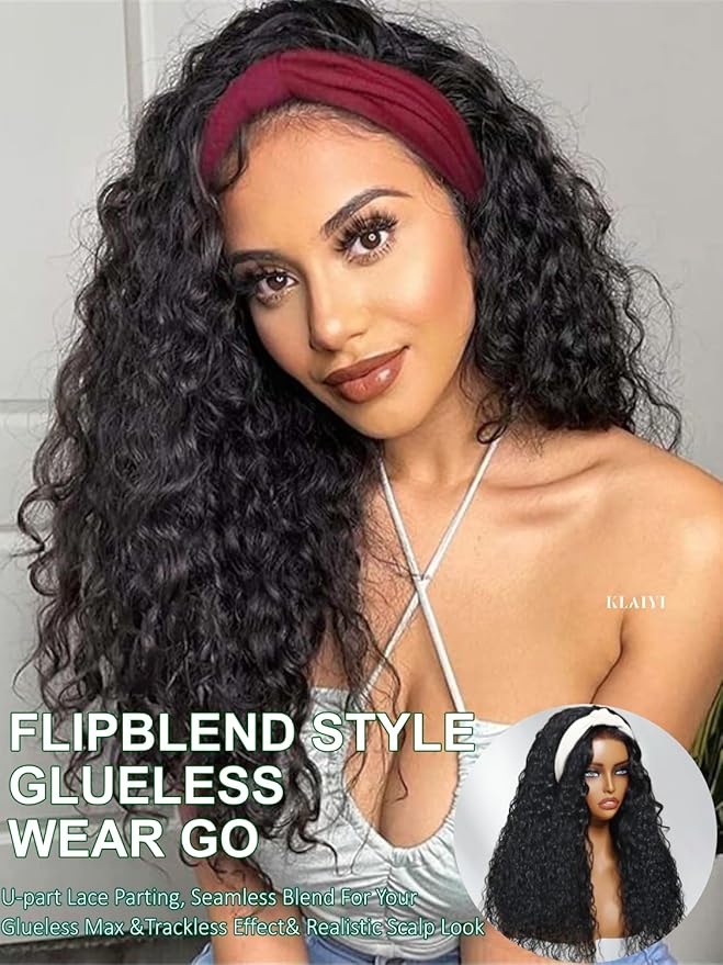 KLAIYI Water Wave 3 In 1 Flip Over 3/4 Half Wig Human Hair Curly Flip Over Seamless Blend Edges Glueless Wear and Go Drawstring Headband Clip In Wigs for Women Ready to Go Wig Beginner Friendly 26Inch