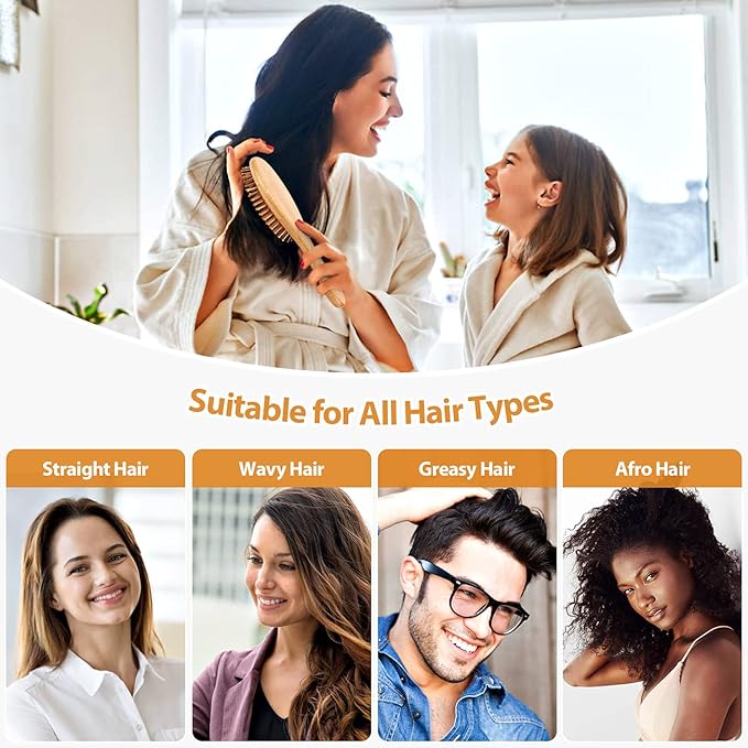 Pack of 2 Hair Brush with Natural Boar Bristles, Massages Scalp Anti-Static Hair Detangle for All Types, Lightweigh (Oval)