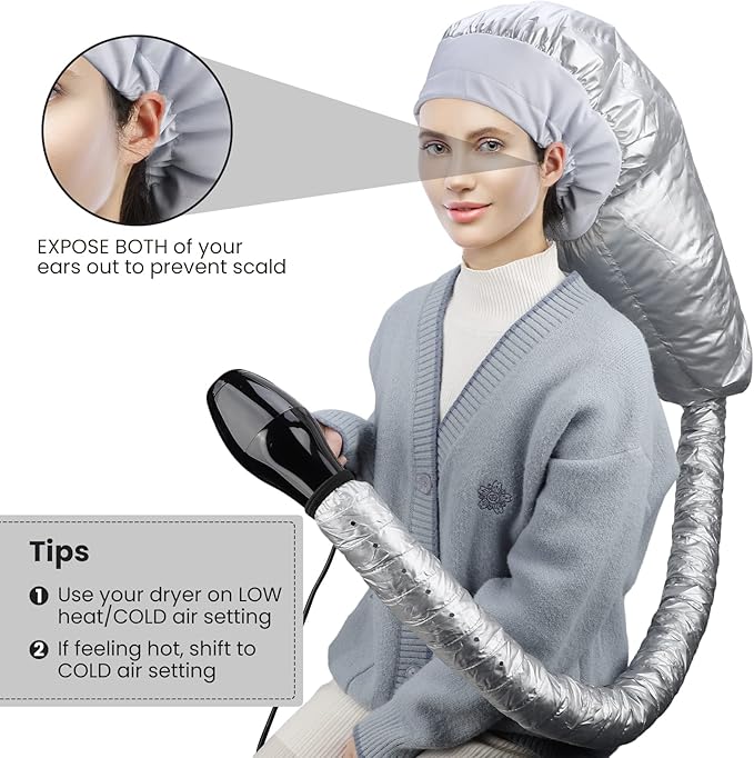 Segbeauty Bonnet Hooded Hair Dryer Attachment, Extra Large Upgraded Drying Heat Cap with Elastic Strap, Adjustable Deep Conditioning Cap for Natural Curly Textured Hair Care Styling Fast Drying Sliver