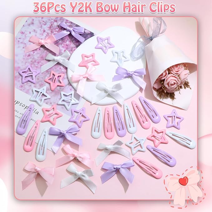36Pcs Y2k Pink Bow Hair Clips Water Drop Snap Hair Barrettes Metal No Slip Star Hair Clips White Mini Hair Bows Bowknot Star Hair Accessories for Women Girls