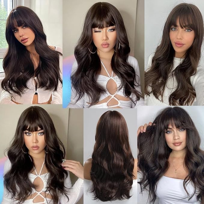 EMMOR Brown Wig with Bangs Long Body Wave Wig for Women Heat Resistant Synthetic Wigs Natural Looking