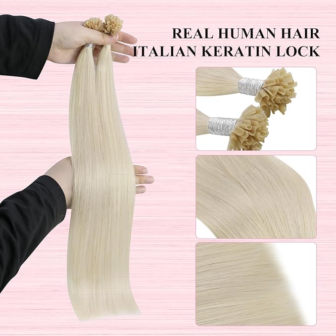 YoungSee Blonde U Tip Hair Extensions Human Hair Hot Fusion K Tips Human Hair Extensions Platinum Blonde Utips Hair Extension Real Hair for Thin Hair Keratin Hair Extension 18In 1G/S 50G