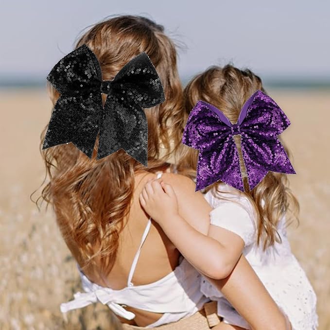 Large Big 7 Inch Glitter Bow Clip Sequin Bling Party Hair Accessories for Women Teens Girls Kids 2 Pcs (DarkPurple, Black)