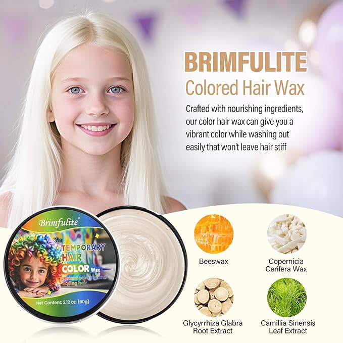 White Hair Wax, Temporary Hair Color Wax, Nourishing & Washable Hair Color for Kids, Women and Men 2.12 Oz.
