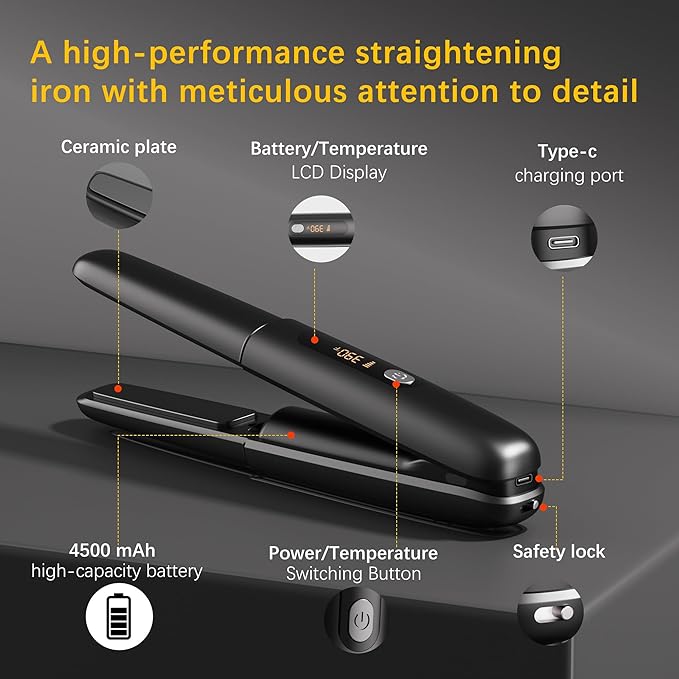 Cordless Hair Straightener Curler 2 in 1 Ceramic Flat Iron Mini Portable Fast Heating 30s 4500mAh Battery 4 Temp Adjustments LCD Display USB Rechargeable for Women Men with Pouch (Black)