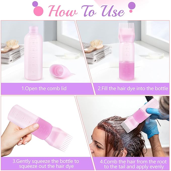 6PCS 6oz/180ml Root Comb Applicator Bottle,Hair Oil Applicator with Comb,Plastic Hair Dye Bottle Applicator Brush with Graduated Scale