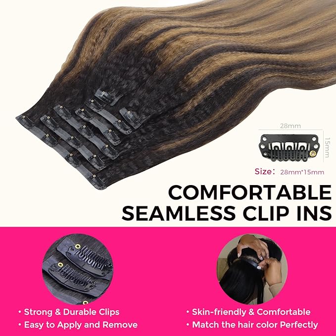 Lashey Seamless Clip in Hair Extensions Human Hair 110g 7pcs 22 Inch Black Mixed Chestnut Brown Kinky Straight Hair Extensions Real Human Hair with Invisi Edge