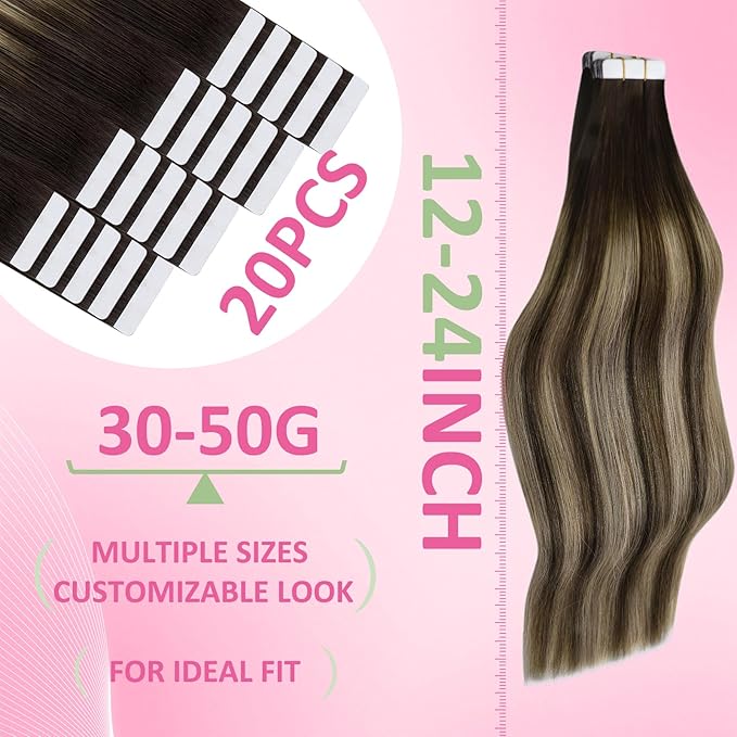 YoungSee Tape in Extensions Human Hair Balayage Tape in Hair Extensions Ombre Dark Brown to Ash Blonde 14 Inch Remy Human Hair Tape-in Extension for Women 20pcs 50g