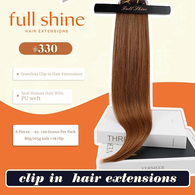 Full Shine Seamless Hair Extensions Clip in Copper Brown Clip in Hair Extensions Brown Seamless Clip ins Straight Brazilian Hair Ease of Use 14 Inch 8 PCS 120 G