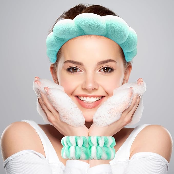 Zkptops Spa Headband for Washing Face Wristband Set Sponge Makeup Skincare Headband Terry Cloth Bubble Soft Get Ready Hairband for Women Puffy Padded Headwear Non Slip Thick Hair Accessory(Turquoise)