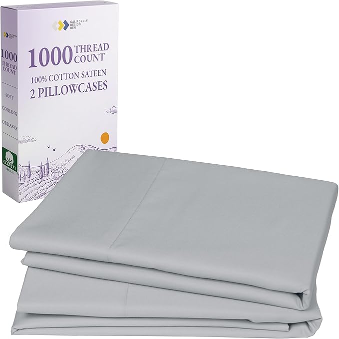 California Design Den Pillow Covers King Size Set of 2-1000 Thread Count Sateen, Soft and Thick 100% Cotton King Size Pillows Cases, Durable - Light Grey