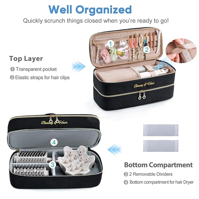 Double-layer Hair Tools Travel Case with Black Hair Dryer Bag with Detachable Divider compatible with Shark FlexStyle/SmoothStyle - Flat Curling Iron Travel Organizer
