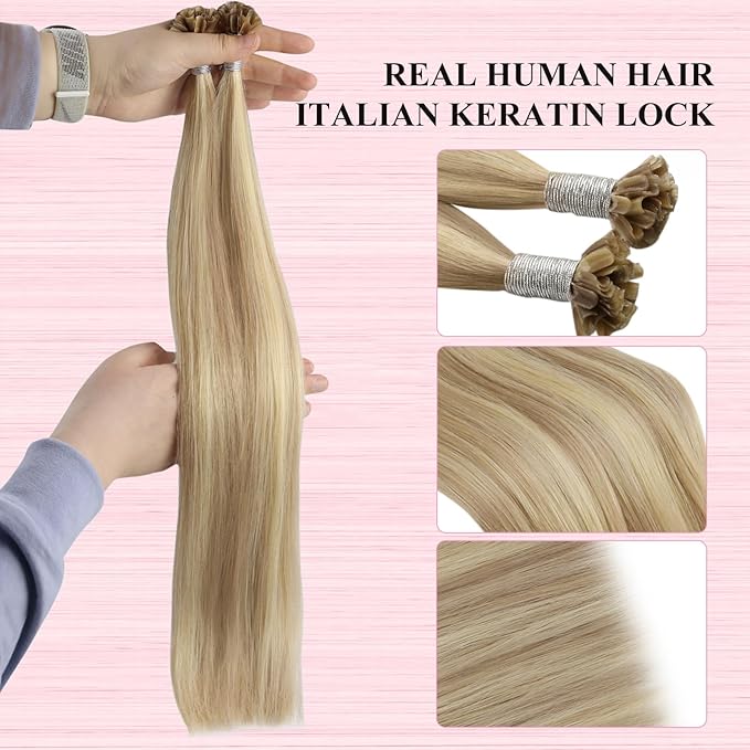 YoungSee U Tip Hair Extensions Highlight Golden Blonde and Medium Blonde Human Hair Utips Extensions for Thin Hair Highlight K Tips Human Hair Extension Silky Straight Hot Fusion 16inch 1G/S 50G
