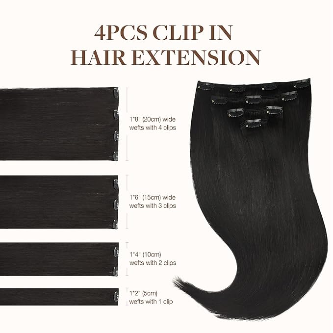 GOO GOO Clip in Hair Extensions Real Human Hair, Remy Human Hair Extensions Clip ins for Women, Natural Human Hair, 16inch 65g 4Pcs, 1B Natural black