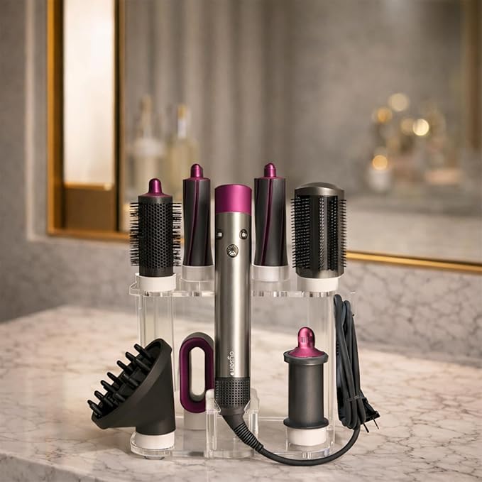 Dyson Airwrap Holder by Chorten Nyima, Dyson Airwrap Organizer with 8 Slots, Clear Acrylic Stand for Shark Hair Dryer Holder, Wall-Mounted or Freestanding with Silicone Pads Bathroom Vanity Table