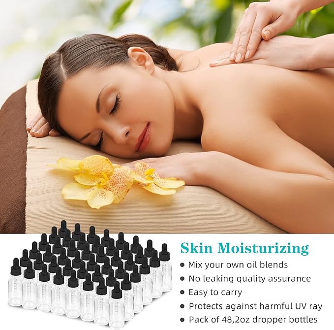 2 oz Dropper Bottle 48 Pack Clear Glass Boston Bottles 60ml with Eye Droppers Black Caps for Essential Oils, Perfume, Leak Proof Travel Bottles for Liquids
