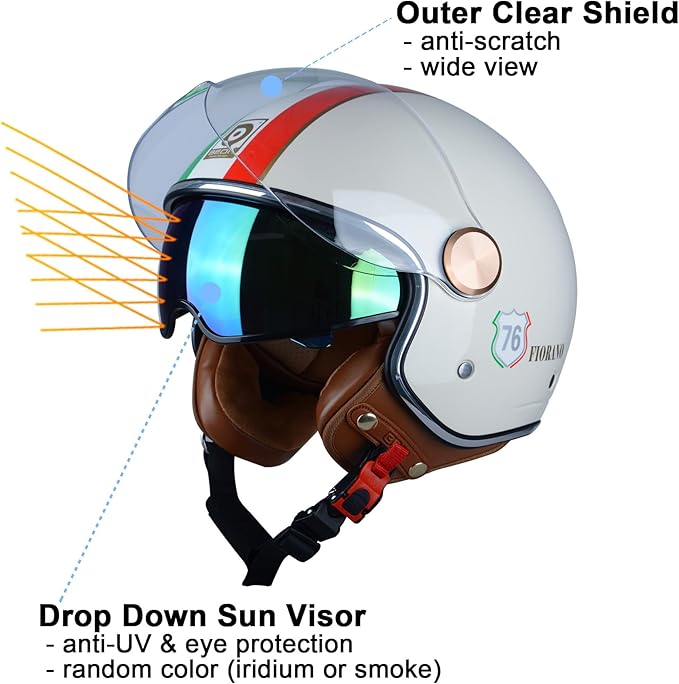 Open Face Motorcycle Helmet for Adults, DOT Approved,3/4 Retro Vespa Helmet, Dual Visors Men's and Women's Motorbike Casco for Moped Cruiser Bobber and Chopper