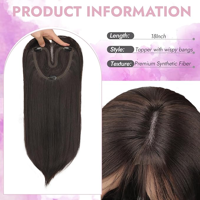 Hair Topper for Women Clip in Bangs – 18 Inch Medium Length Straight 360° Full Coverage Dark Brown,Synthetic Natural Looking Piece for Thinning Hair