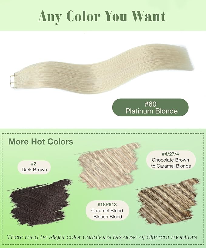 SURNEL Tape in Hair Extensions Human Hair Color #60 Platinum Blonde Remy Tape in Hair Extensions 20 inch 20pcs 50g(#60-20)
