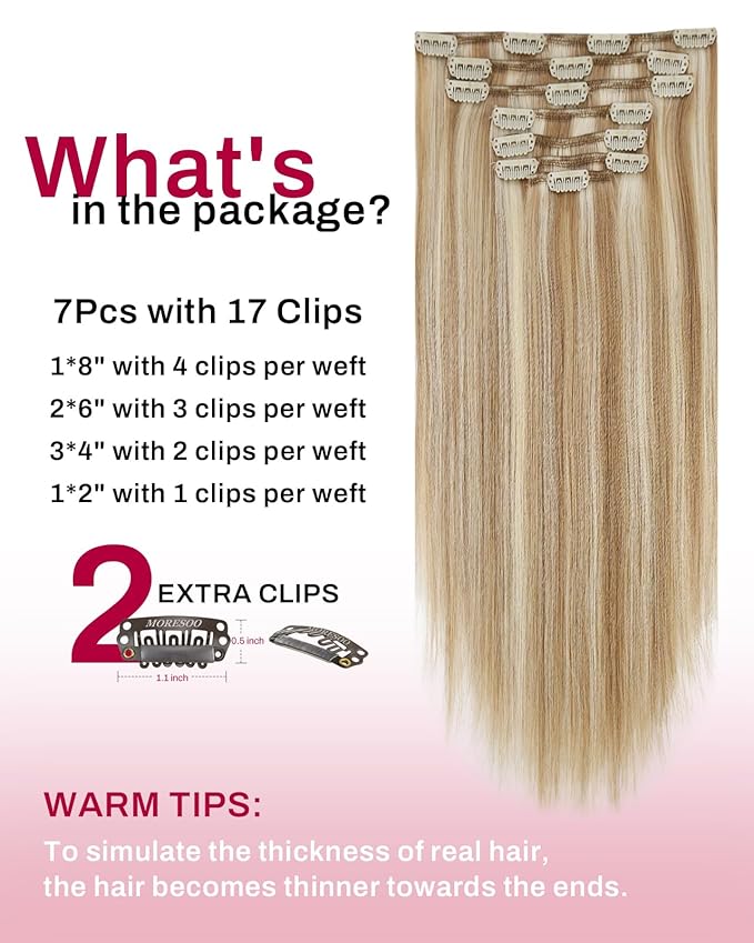 Moresoo Clip in Hair Extensions Real Human Hair Blonde with Brown Highlights Clip ins Human Hair Platinum Blonde with Medium Brown for Long And Straight 120g/7cps 22 inch