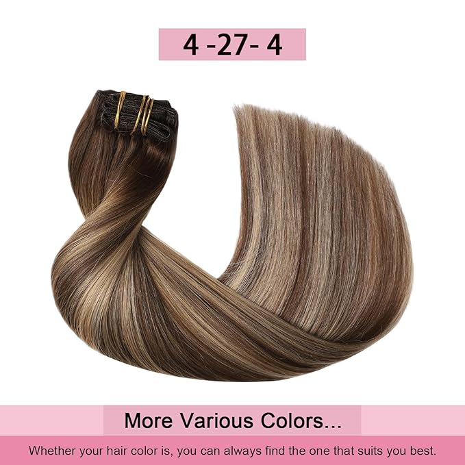 Pro2.0 Clip in Hair Extensions Real Human Hair 120g Thick 7pcs Color #4/27/4 Chocolate Brown to Caramel Blonde Remy Real Human Hair Extensions Clip ins 14inch Double Weft（#4/27/4-14inch）
