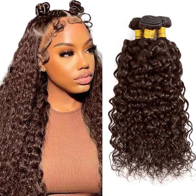 Brown Water Wave Bundles Human Hair Dark Brown Bundle Niegmeag Peruvian Virgin Remy Hair 3 Bundles 18 20 22 Inch Double Weft Color 4 Wet and Wavy Bundle Hair Weave