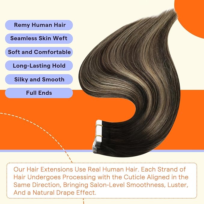 Full Shine Tape in Extensions Color 1B/27/1B Black with Blonde Human Hair Extensions Tape Ins 18 Inch Ombre Remy Extensions 20PCS Seamless Tape Hair Extensions Real Human Hair 50g for Party