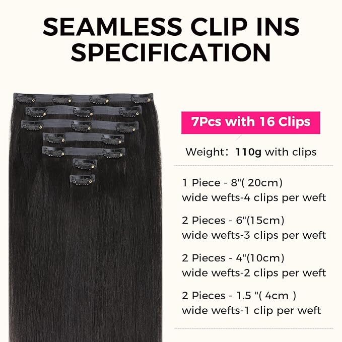 Lashey Yaki Straight Clip Ins 16 Inch 110g 7Pcs Seamless Hair Extensions Real Human hair, Natural Black Clip in Hair Extension for Women Real hair