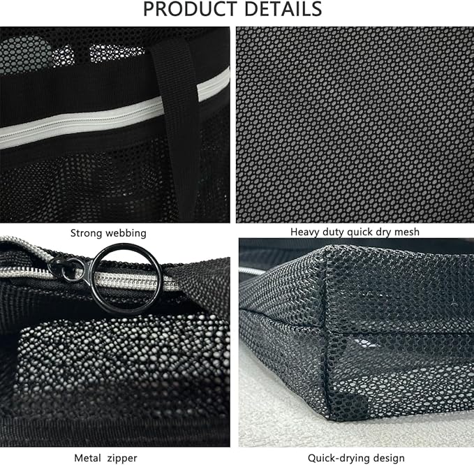 Mesh Shower Caddy Portable Quick Dry Tote Bag with Zipper & 2 Pockets, Large Caddy Mesh Shower Organizer for College Dorm, Swimming, Gym, Beach, Travel Essentials (Black)