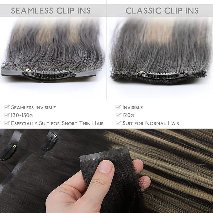 WENNALIFE Seamless Clip In Hair Extensions, 22 Inch 150g 7pcs Natural Black to Light Blonde Hair Extensions Clip in Human Hair Invisible PU Skin Weft Natural Remy Human Hair Extensions