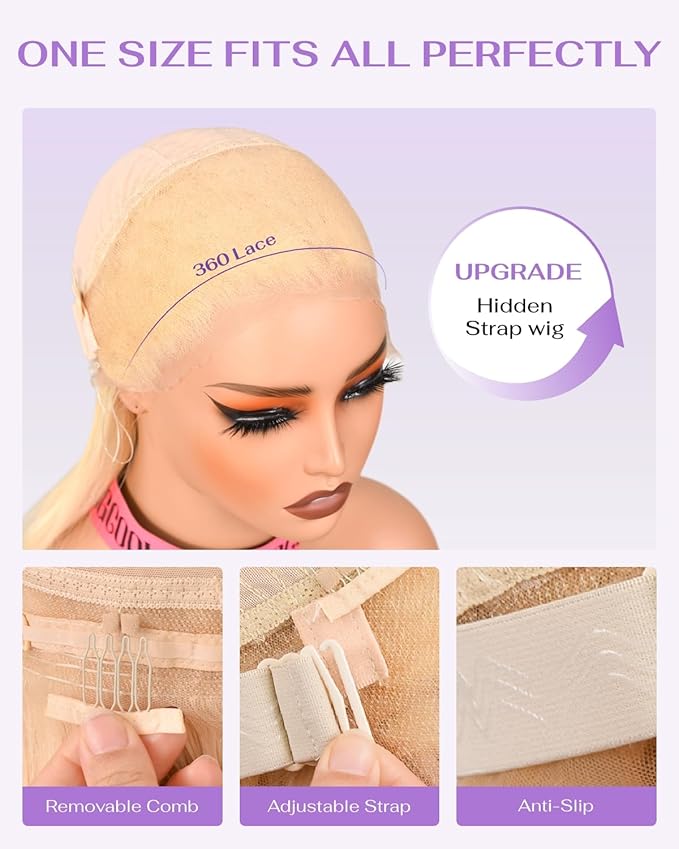 Hidden Strap Straight 360 613 Lace Front Wigs Human Hair Invisible Strap Pre Plucked 180% Density SALON-Quality Blonde Wig with Drawstring Glueless Wigs HD Full Lace Human Hair Wigs 24inch