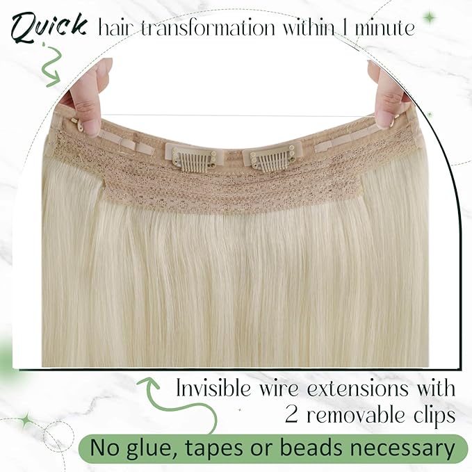 RUNATURE Blonde Wire Hair Extensions Real Human Hair, Secret Invisible Fish Line Hair Extensions, Platinum Blonde Wire Hair Extension, Transparet Wire Human Hair, Tangle-free 16 Inch 80g #60