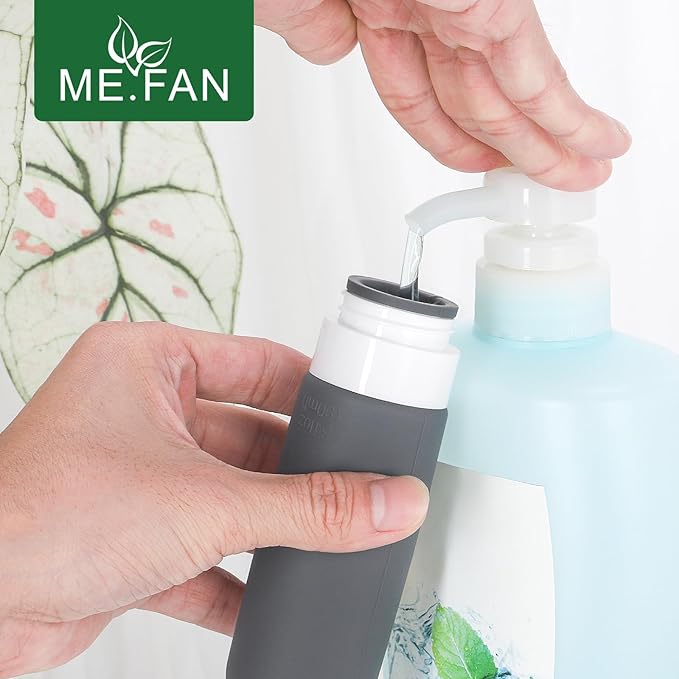 ME.FAN Travel Bottles for Toiletries, TSA Approved 3oz Travel Size Containers, Silicone Squeezable Portable Split Bottle, Travel Accessories for Conditioner, Shampoo, Lotion- 4 Pack Gery