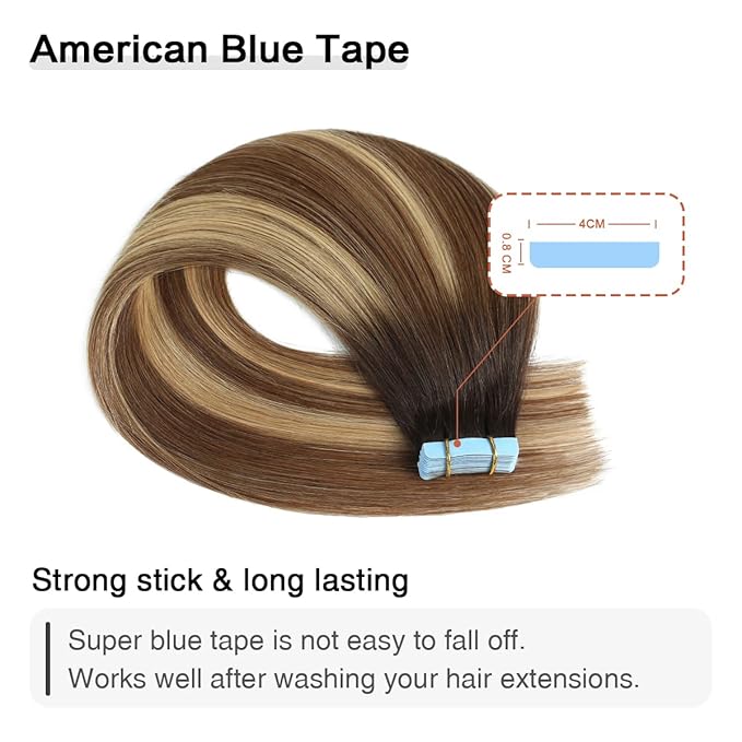 SUYYA Tape in Hair Extensions Human Hair Balayage Darkest Brown to Chestnut Brown and Light Blonde 14In 40g/pack 20pcs Straight Seamless Skin Weft Tape in Real Human Hair Extensions(14inch #P6/16/T2)