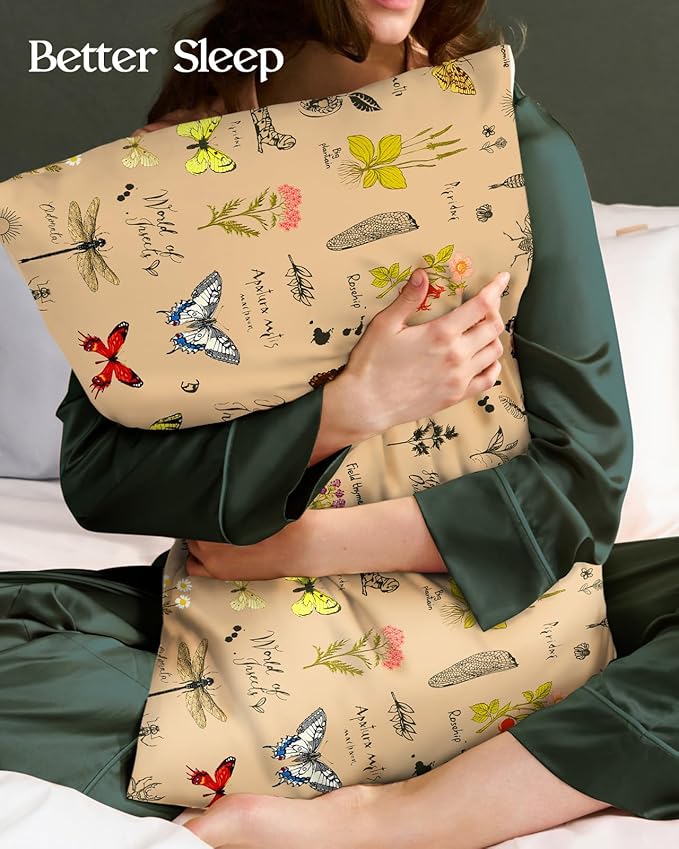 2 Pack Mulberry Silk Pillowcase for Hair and Skin - Standard Size 20 x 26 Inches with Hidden Zipper Plants Butterfly 19 Momme Soft Sleeping Silk Pillow Case for Women, Moms