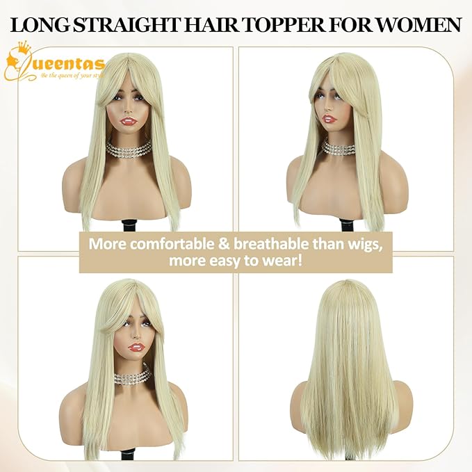 QUEENTAS 18" Blonde Hair Topper for Women with Thinning Hair Pieces 6"*6.2"Large Coverage 360°3D Cover Synthetic Long Straight with 5 Clips in Wiglets(Blonde)