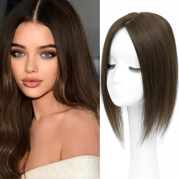 Hair Toppers for Women Real Human Hair, 360° 3D Human Hair Toppers for Women with Thinning Hair Upgrade Middle Part Clip in Bangs (Medium Brown, 14 Inch-3D-Side)