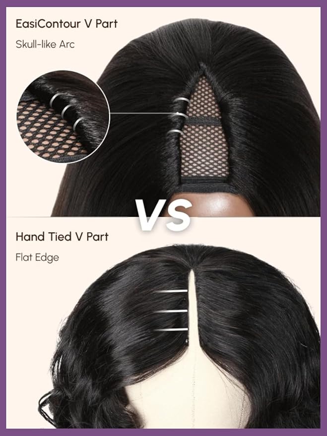 YIROO EasiContour V Part Wigs Ombre Brown Glueless Human Hair Upgrade U Part Wig with Dark Roots Highlight V Shape Clip Wigs Beginner Friendly with Drawstring Ready to Wear Chestnut Brown Color 24Inch