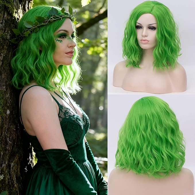 BUFASHION 14" Women Short Lime Green Kinky Straight Cosplay Synthetic Wigs With Air Bangs 46 Colors Available (Lime Green)