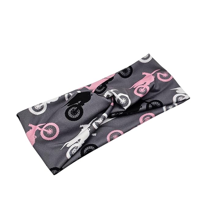 Soft Stretchy Headband, 3-in-1 Versatile Twist Style, One-Piece (Dirtbikes - Pink & Grey, Adult)