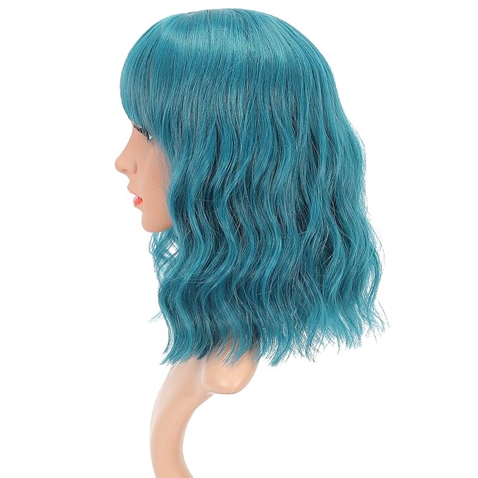 FAELBATY Blue Wig Short Bob Wigs With Bangs Shoulder Length Wig For Women Curly Wavy Synthetic Cosplay Wig for Girl Costume Wigs (12" blue color)
