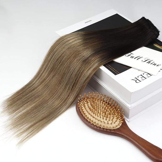 Full Shine Balayage Clip in Hair Extensions 12 Inch Hair Extensions Clip in Balayage Off Black Fading to Brown with Medium Blonde Remy Hair for Short Hair 3 PCS 60 Grams