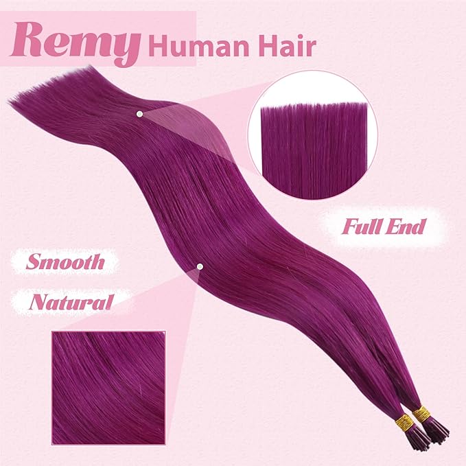 YoungSee Purple I Tip Hair Extensions 16 inch I Tip Hair Extension Human Hair 25g Pre Bonded 40 Strands Itip Hair Extensions Real Human Hair Silky Purple for DIY