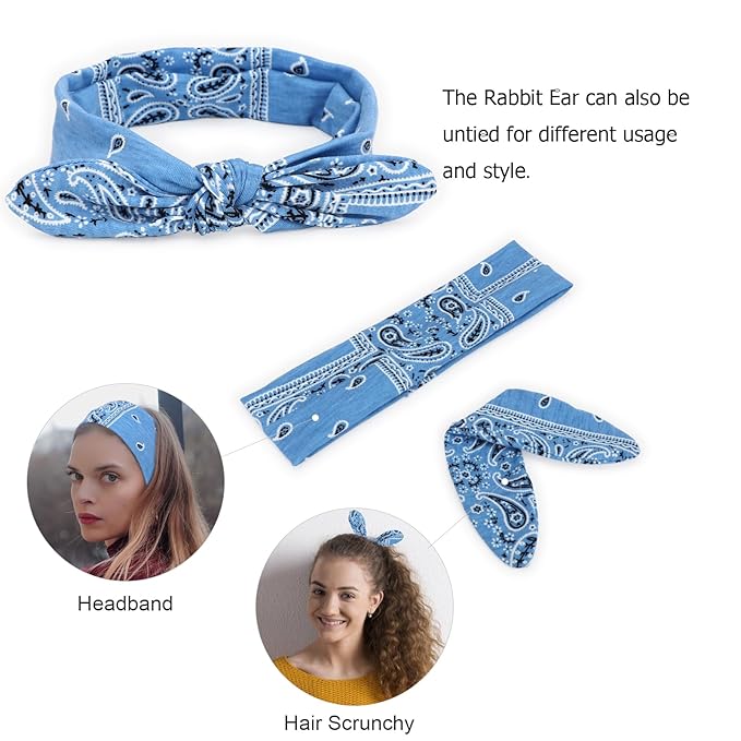 DRESHOW 6 Pack Wire Boho Headbands for Women with Rabbit Ears Bow Twist Headband Printed Vintage Wire Hair Holder