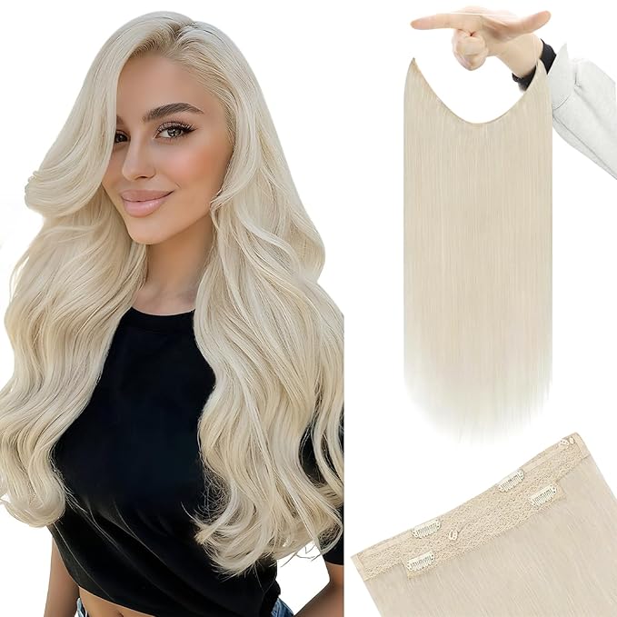 YoungSee Wire Hair Extensions Human Hair Platinum Blonde Wire Human Hair Extensions Blonde Can Be Dyed Fish Line Hair Extensions Real Human Hair 14Inch 80G