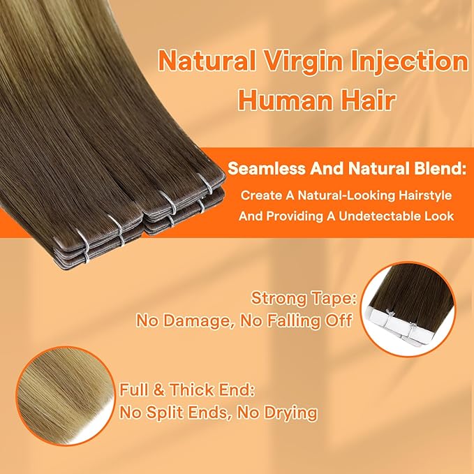 Full Shine Intact Virgin Tape in Hair Extensions Ombre Color 3/8/22 Invisible Injection Human Hair Tape in Extensions 18Inch Seamless Double Sided Tape ins Human Hair Extensions 10Pcs 25Gram